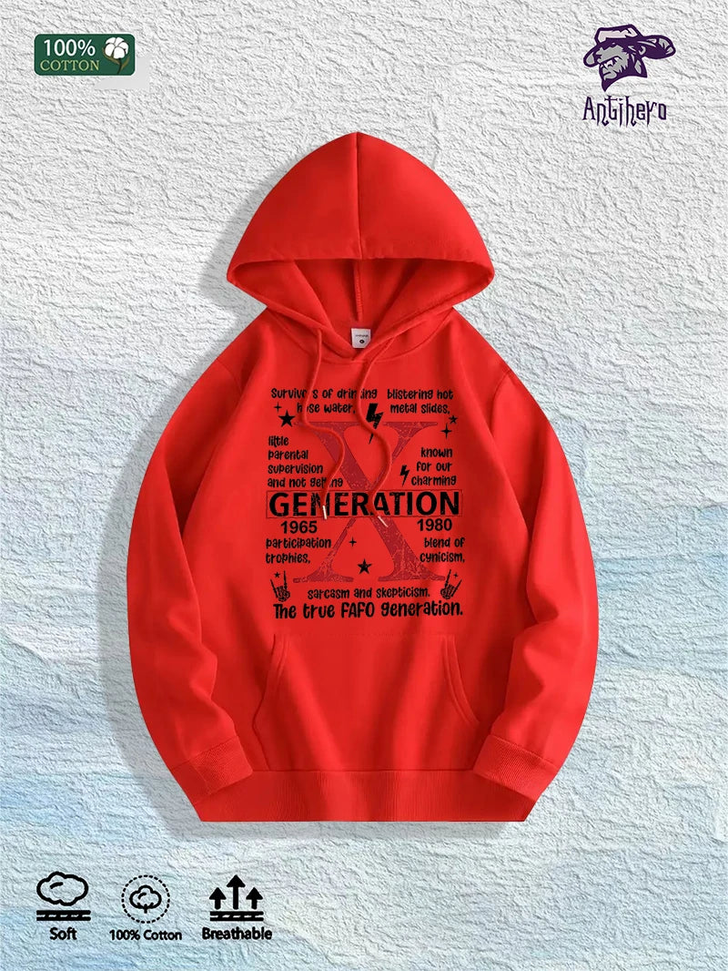 US Local Warehouse: 100% Cotton "Generation X 1965-1980" Graphic Hoodie, 7 Colors