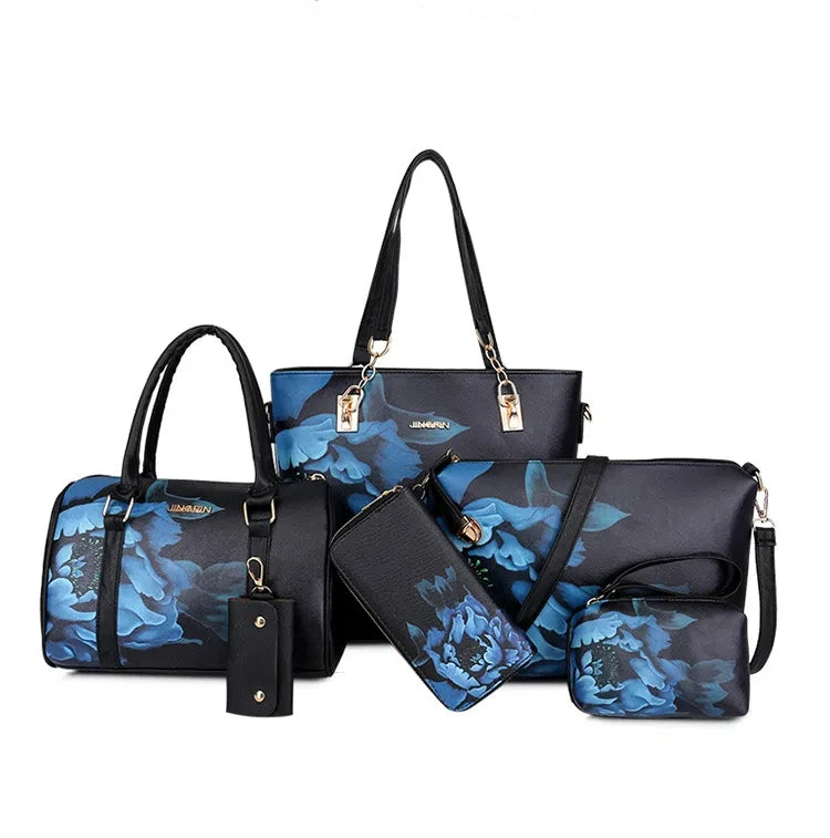 2025 Drop Shipping 6 Piece Set Women Handbags Floral Print PU Leather Composite Bag Clutch Set Large Shoulder Bag Purse Female