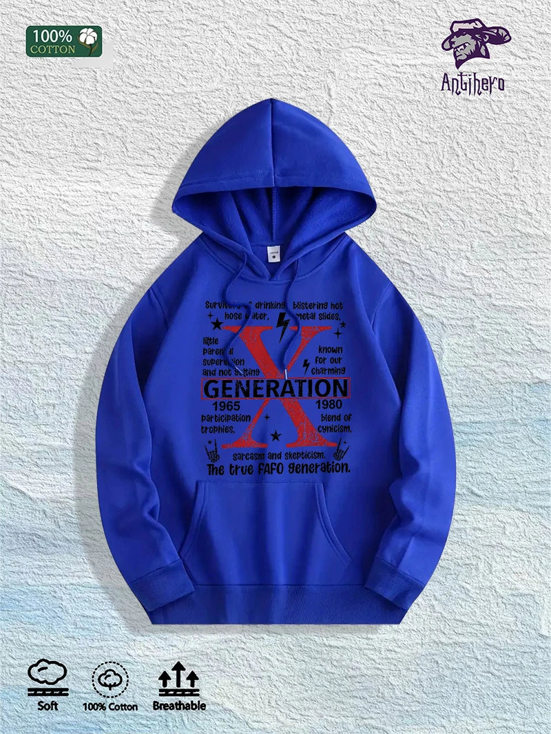US Local Warehouse: 100% Cotton "Generation X 1965-1980" Graphic Hoodie, 7 Colors