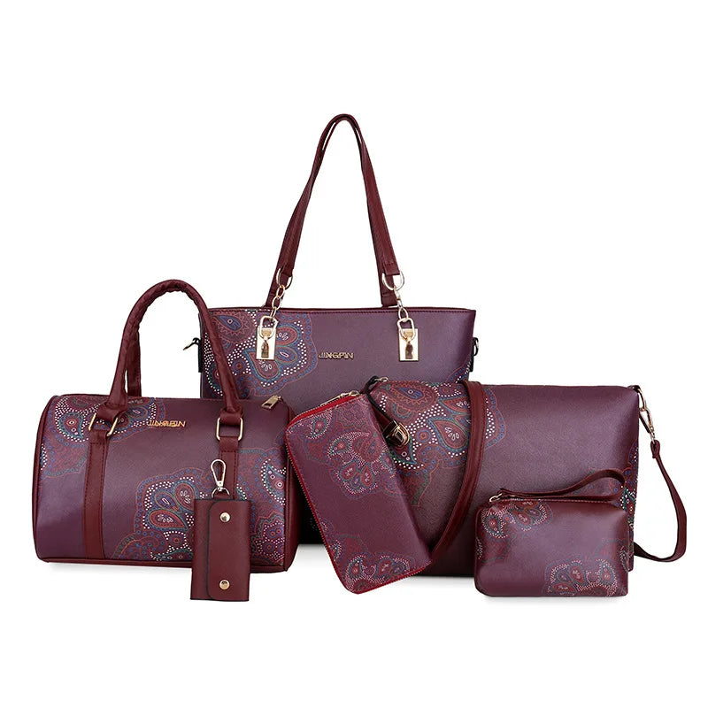 2025 Drop Shipping 6 Piece Set Women Handbags Floral Print PU Leather Composite Bag Clutch Set Large Shoulder Bag Purse Female