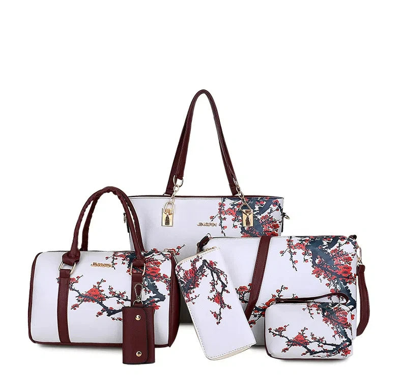 2025 Drop Shipping 6 Piece Set Women Handbags Floral Print PU Leather Composite Bag Clutch Set Large Shoulder Bag Purse Female